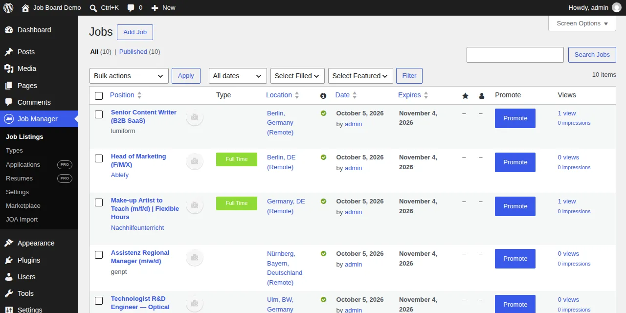 WP Job Manager's job list in the WordPress admin, filled with imported jobs