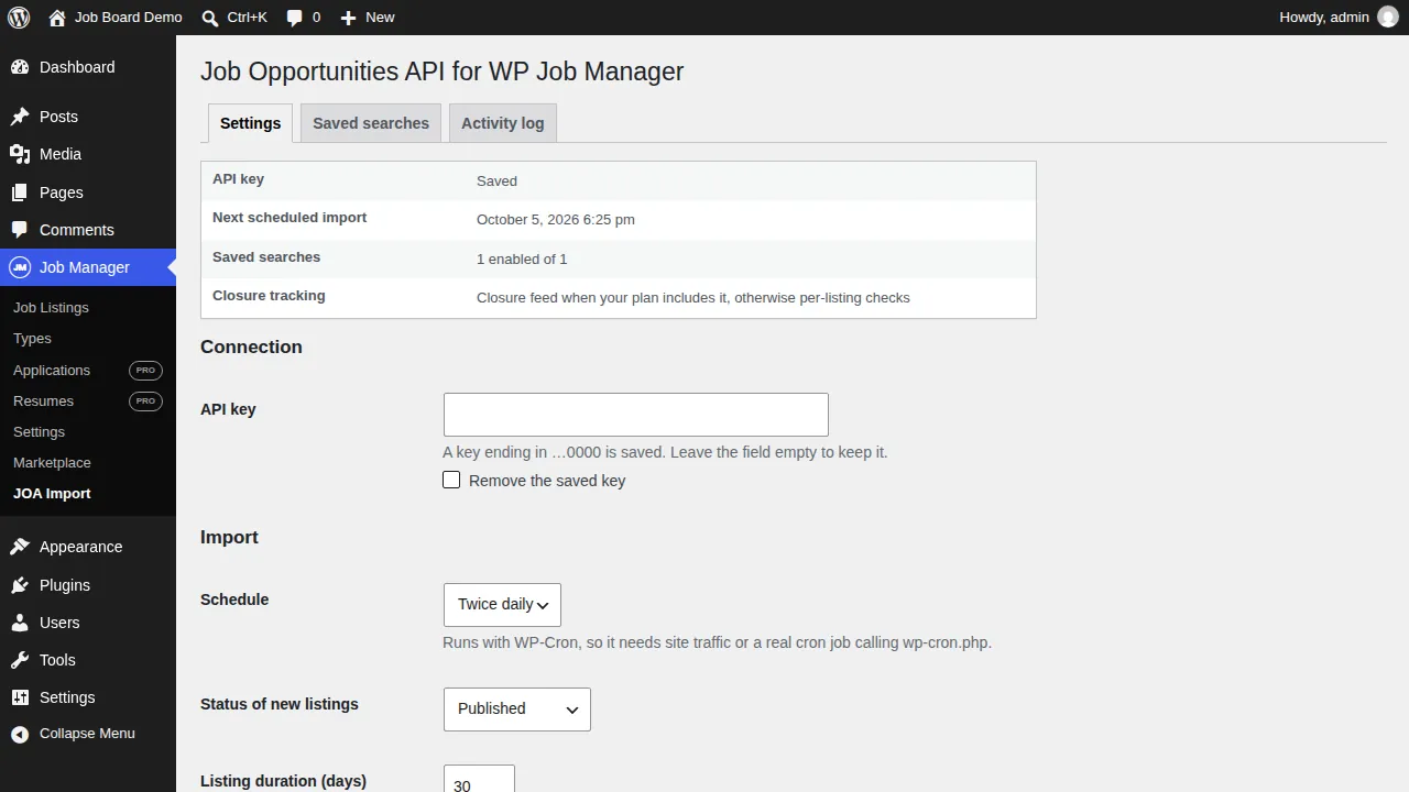 WordPress admin: Job Listings → JOA Import settings with the saved key, schedule and listing status